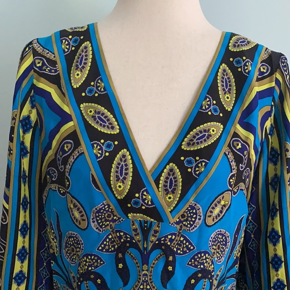Alice & Trixie Silk Blue Paisley Flowy Tunic Slip Column Dress Bell Sleeves - XS - Picture 2 of 11
